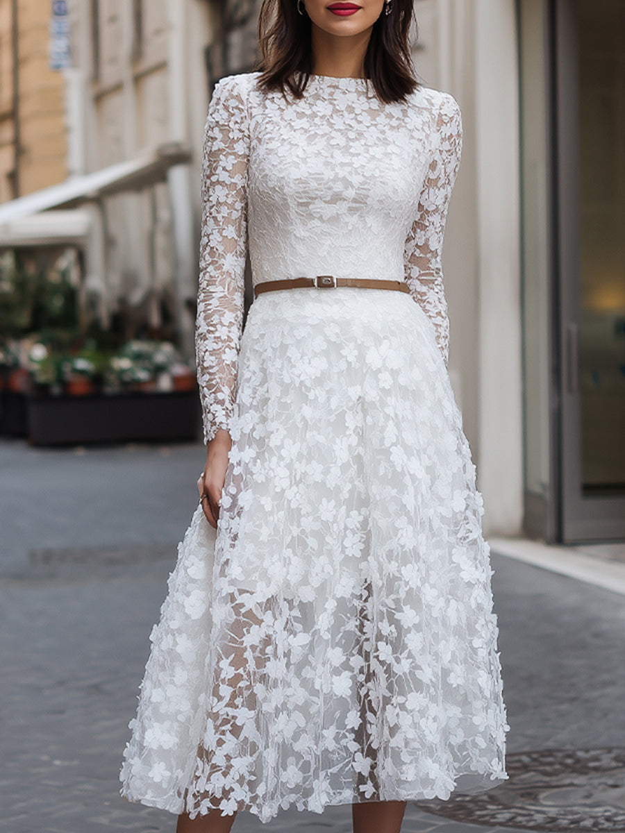 Elegant Floral Lace Long-Sleeve Midi Dress