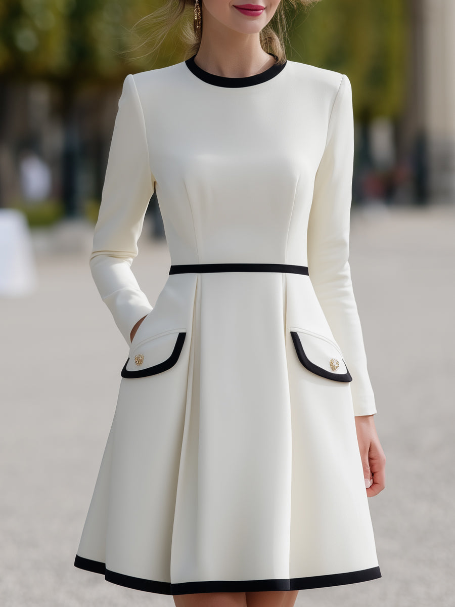 Contrast-Trim A-Line Pocket Detail Dress