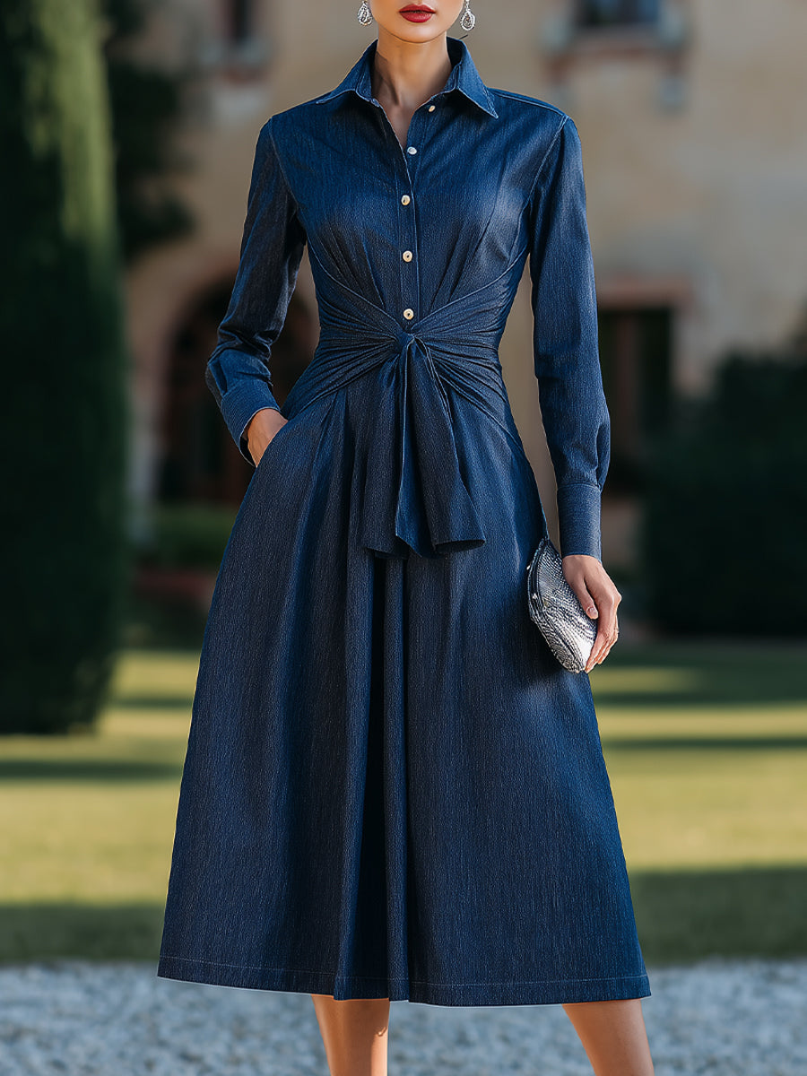 Tailored Shirt-Dress With Cinched Waist Tie Detail