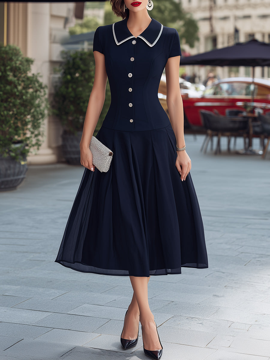 Tailored Collar Button Front Flared Midi Dress