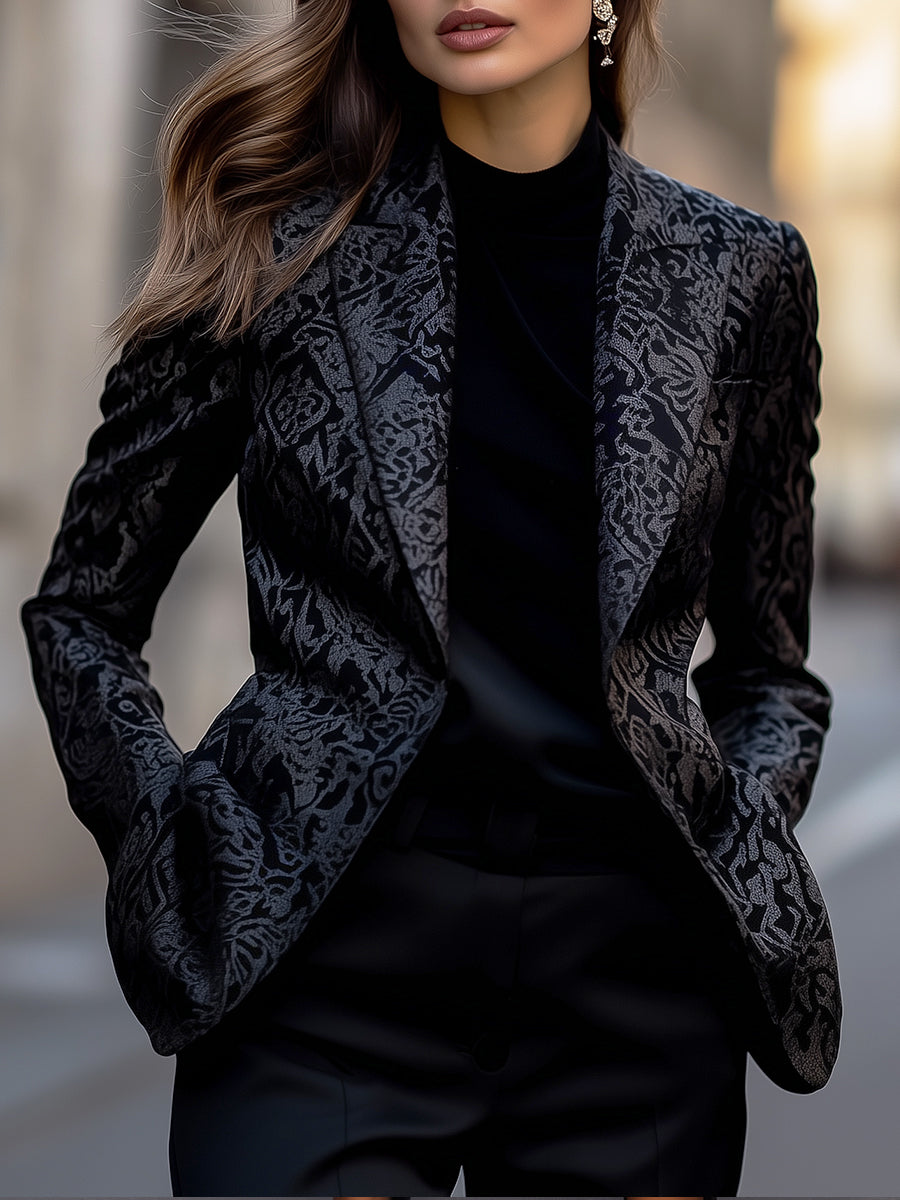 Chic Black Jacquard Blazer with Textured Ornate Details