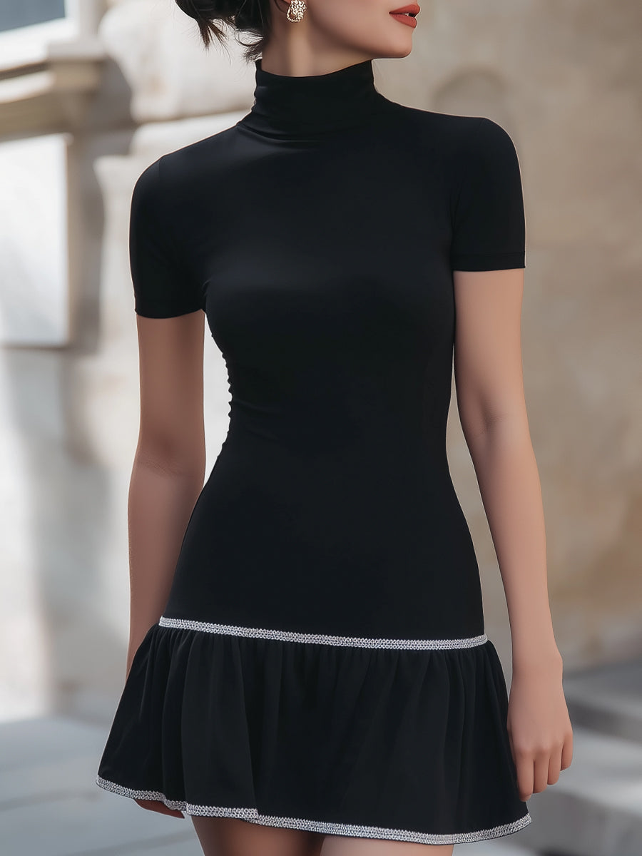 Chic Contrast Trim Mock Neck Ruffle Hem Dress