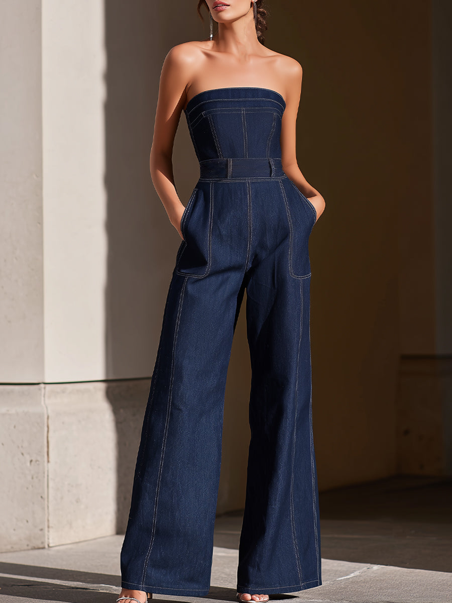 Dark Denim Strapless Wide-Leg Jumpsuit