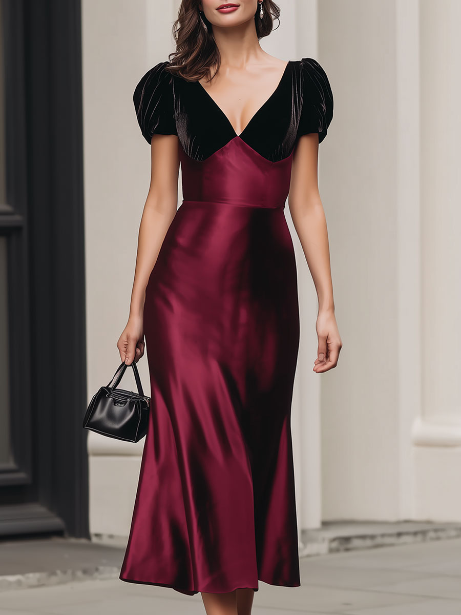 Burgundy Satin Midi Dress With Black Velvet Puffy Sleeves