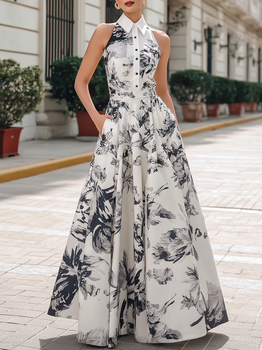 Printed Halter Shirt Collar A-Line Maxi Dress