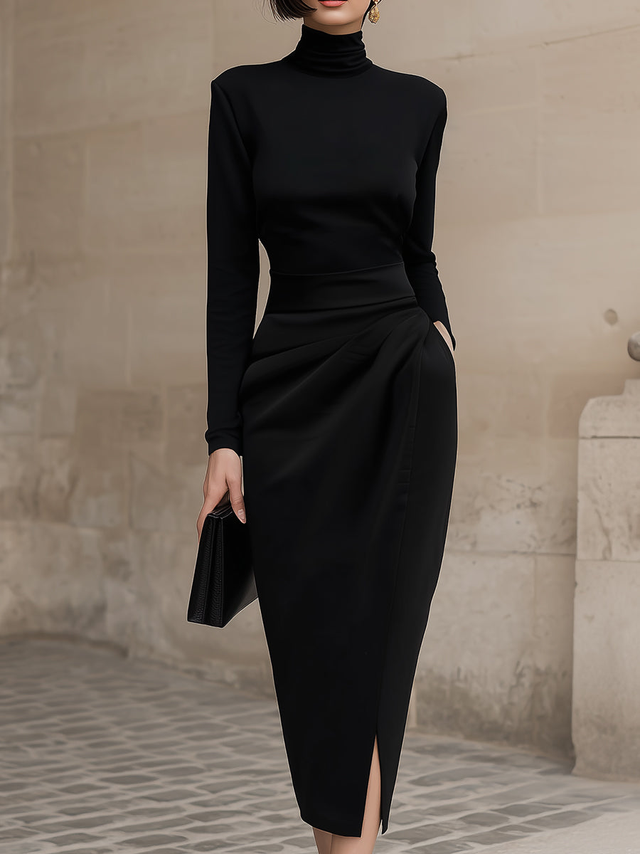 Sleek Black Turtleneck Draped Midi Dress