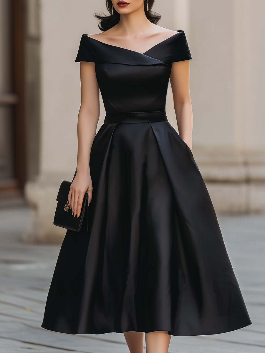 Black Off-Shoulder Satin Fit-and-Flare Midi Dress With Pockets