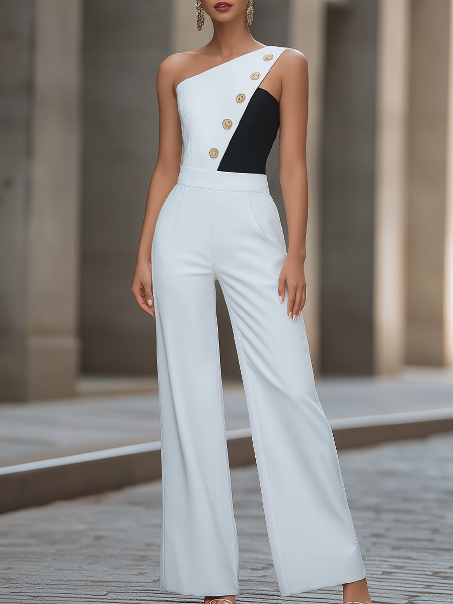 One-Shoulder Contrast Buttoned Wide-Leg Jumpsuit