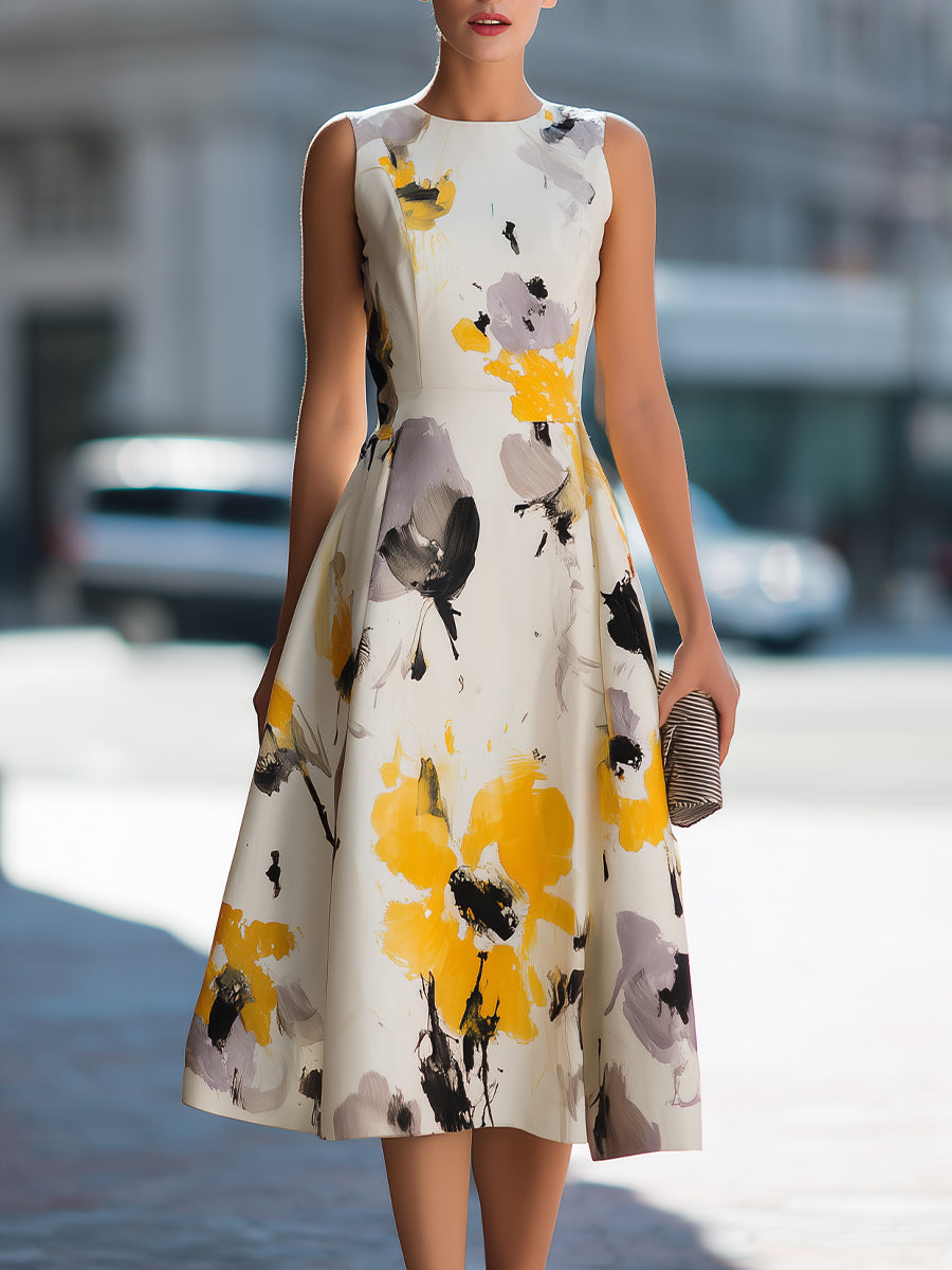 Abstract Floral Sleeveless A-Line Midi Dress