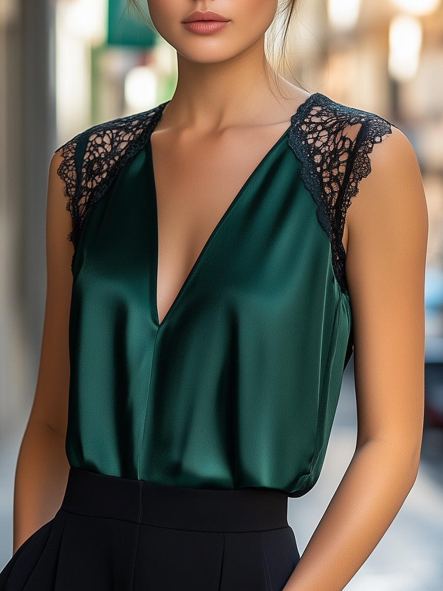 Deep V-Neck Satin Blouse with Lace Details - Emerald Allure