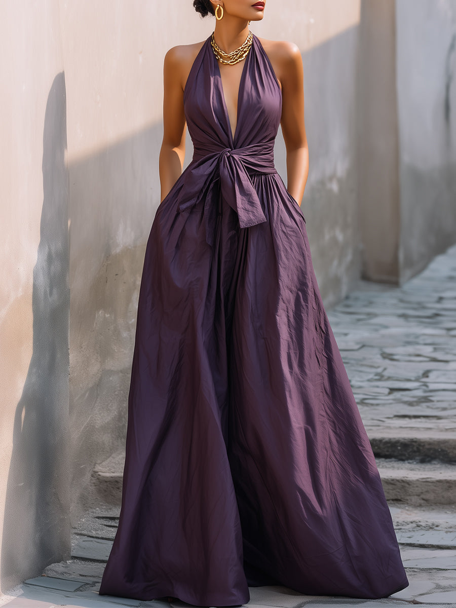 Halter Deep V-Neck Tie-Waist Maxi Dress