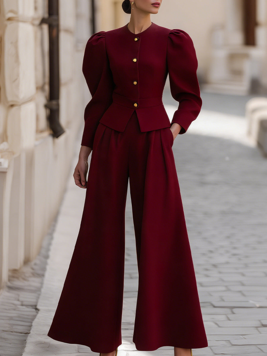 Structured Puff-Sleeve Tailored Jacket & Wide-Leg Trousers Set