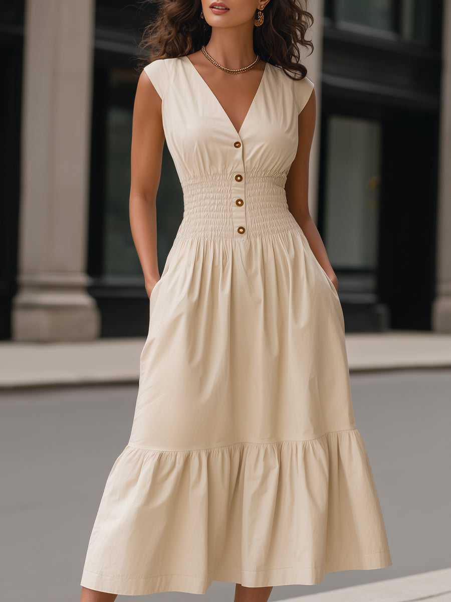 V-Neck Smocked Waist Sleeveless Tiered Midi Dress