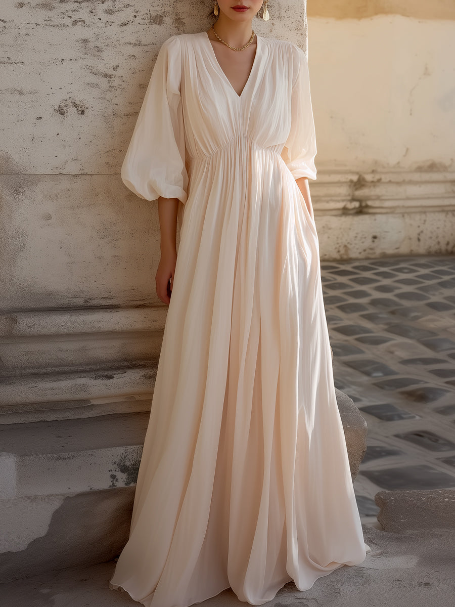 Ruched Waist V-Neck Flowing Maxi Dress