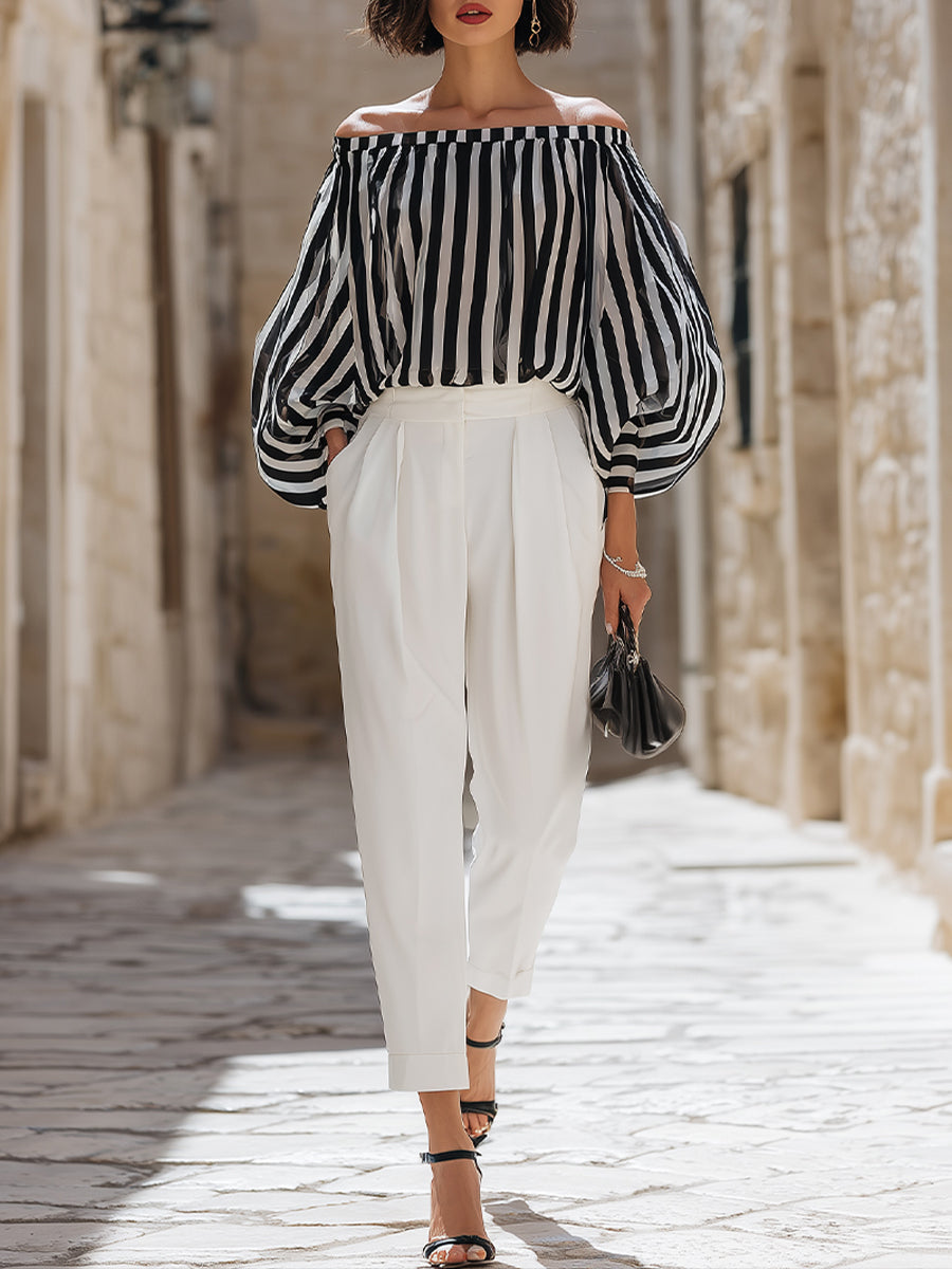 Chic Off-the-Shoulder Striped Blouse & High-Waisted Tailored Trousers Set