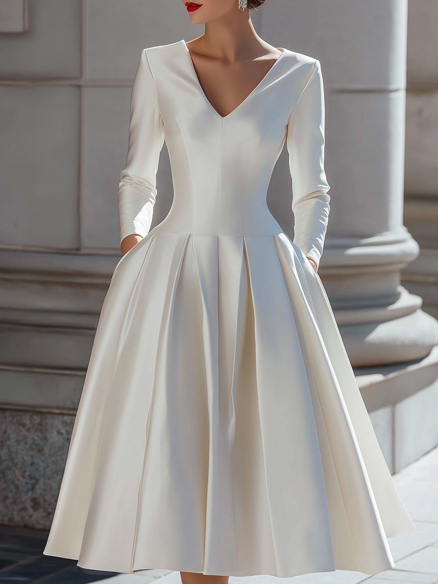 Elegant Satin V-Neck Pleated A-Line Midi Dress