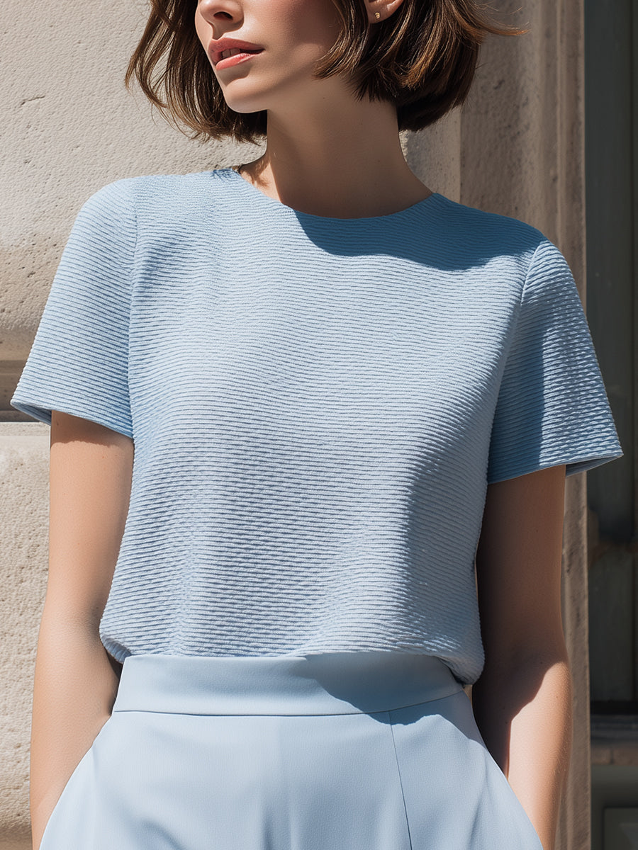 Light Blue Textured Short Sleeve Blouse