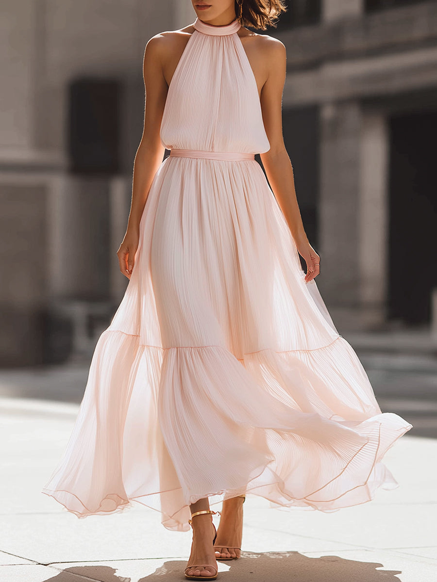Pleated Halter Neck Flowing Midi Dress