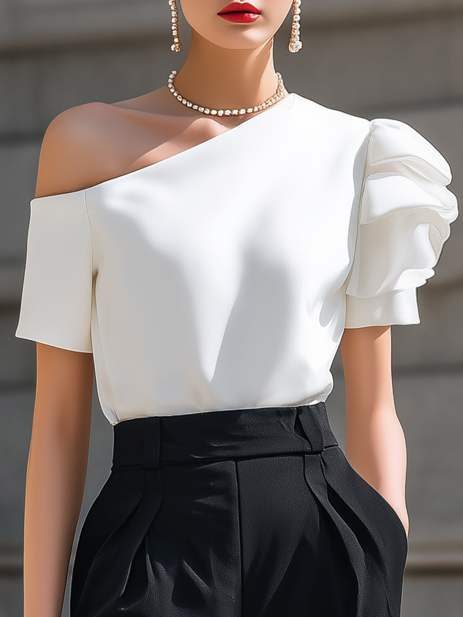 Elegant One-Shoulder Ruffle Sleeve Blouse