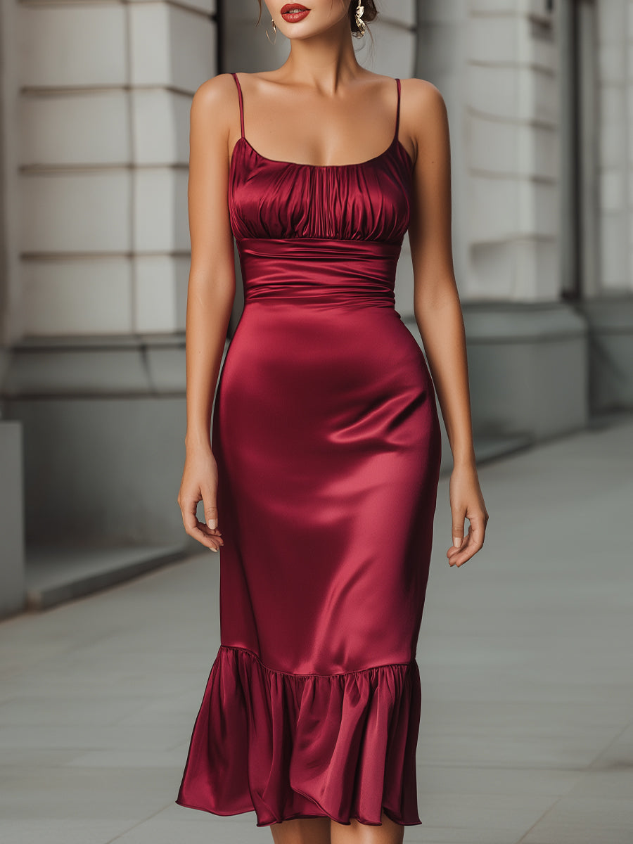 Ruched Satin Ruffle-Hem Midi Dress