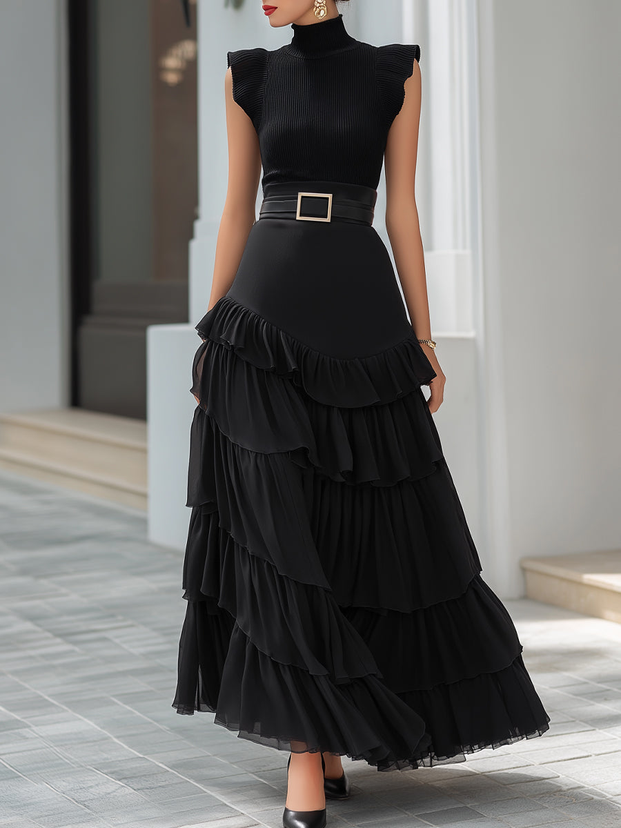 High-Neck Knit Top & Tiered Ruffle Maxi Skirt Set