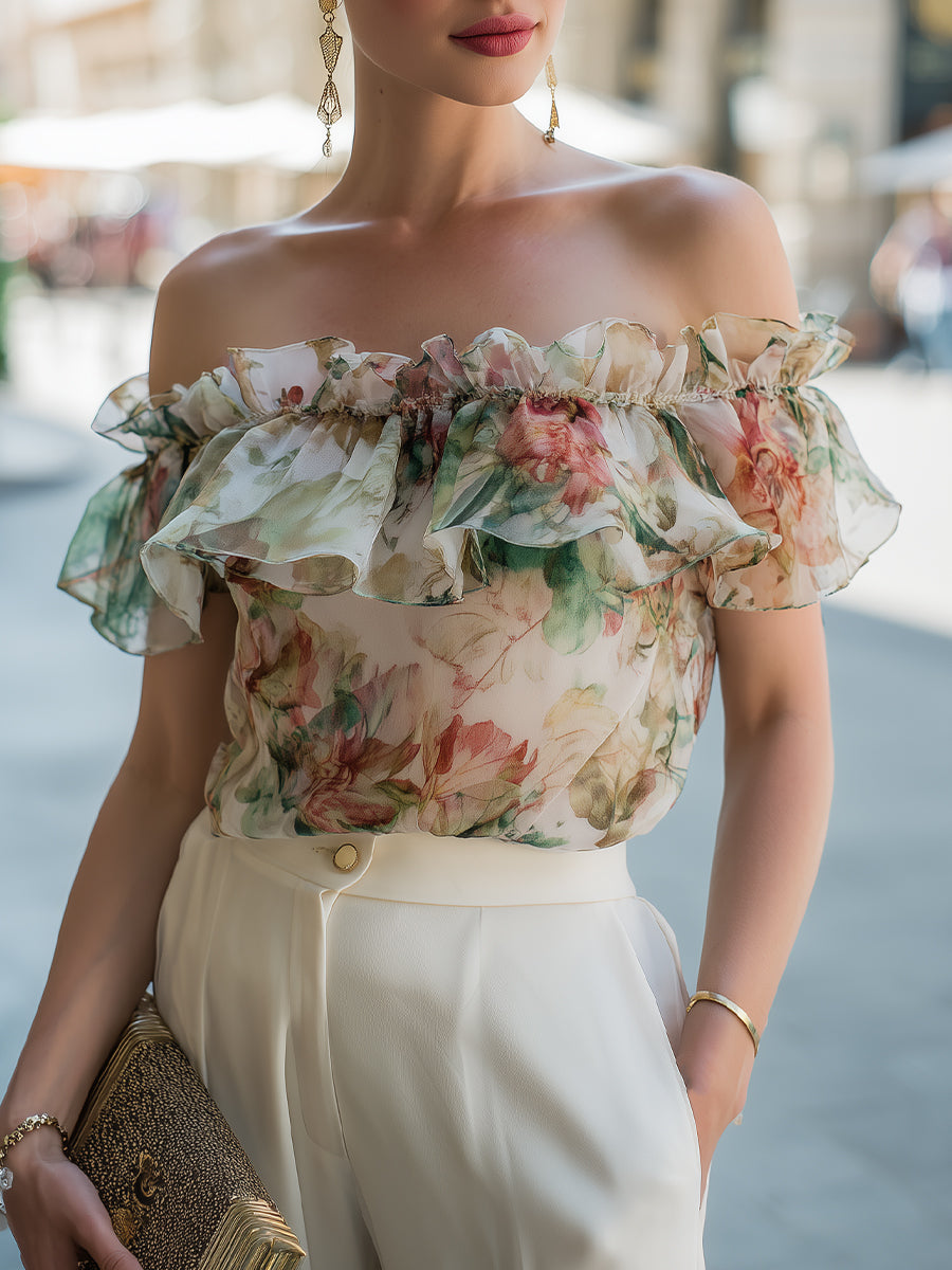 Off-Shoulder Ruffle Floral Chiffon Blouse