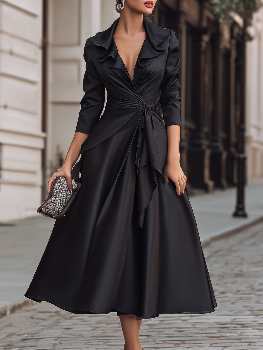 Black Satin Wrap Dress With Ruffled Collar