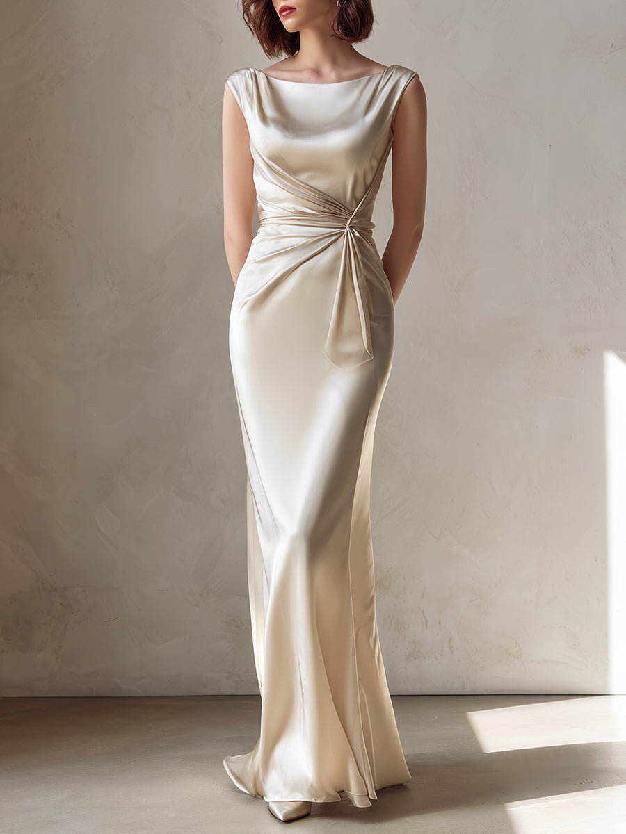 Ivory Draped Satin Column Dress With Sculpted Waist Detail