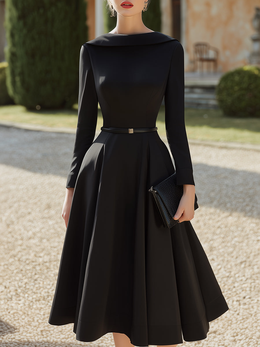 Elegant Belted Midi Dress With Sculpted Boat Neckline