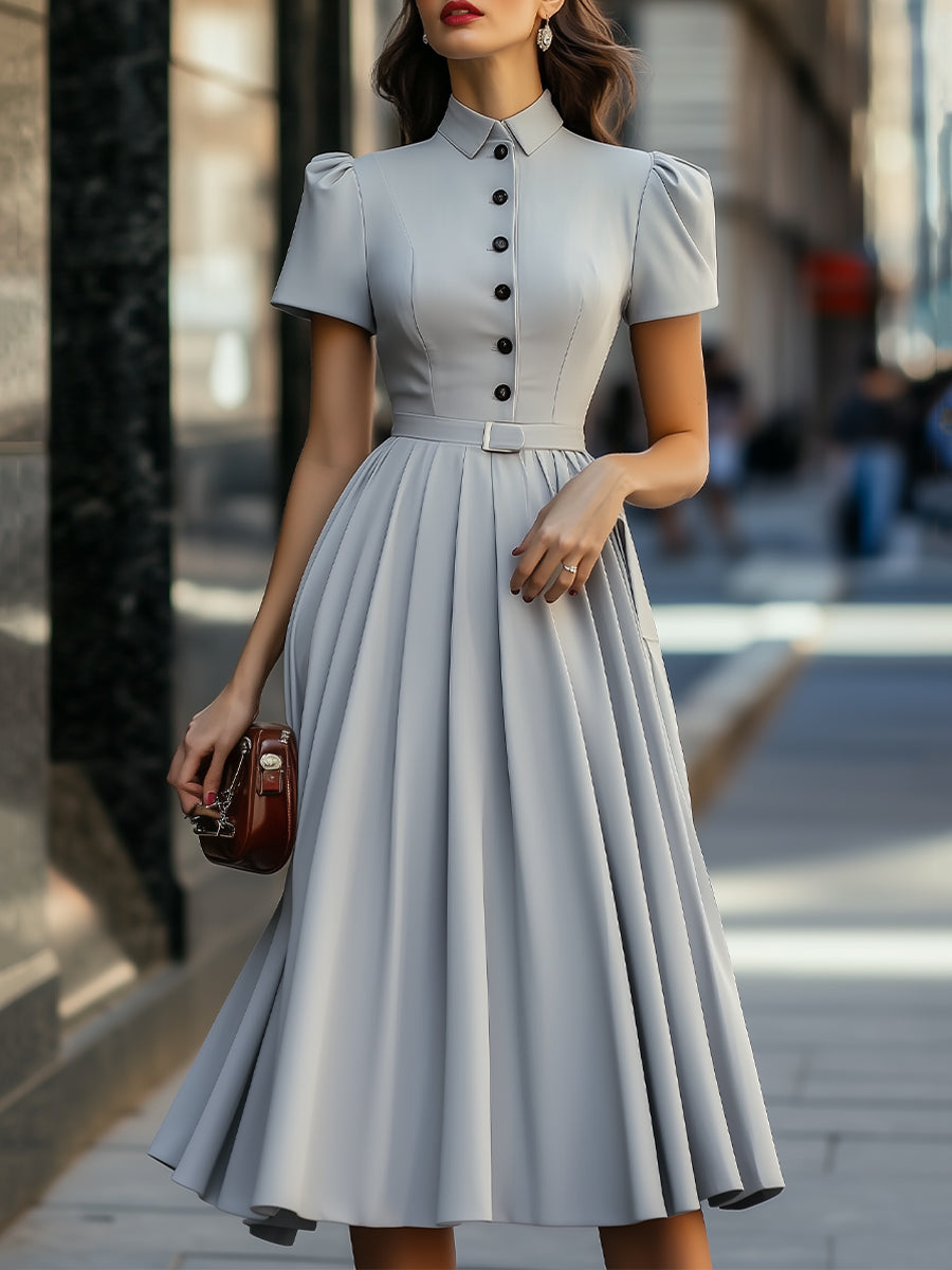 Vintage Gray Pleated Midi Dress