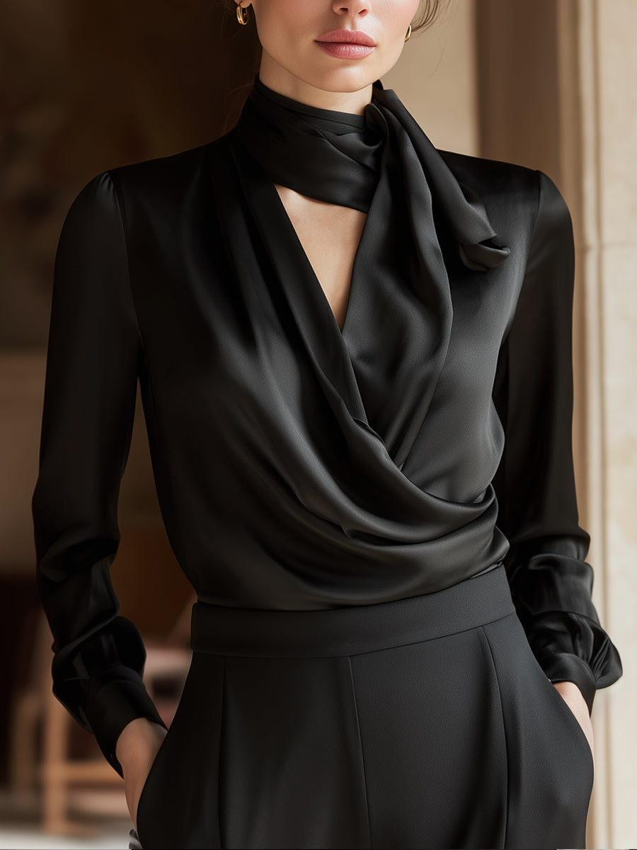 Black Draped Silk Blouse With Neck Tie Detail