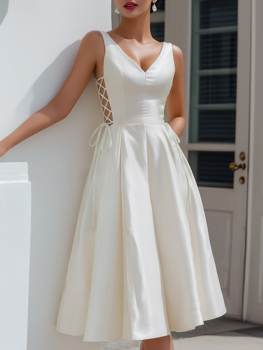 Lace-Up Side Satin A-Line Midi Dress