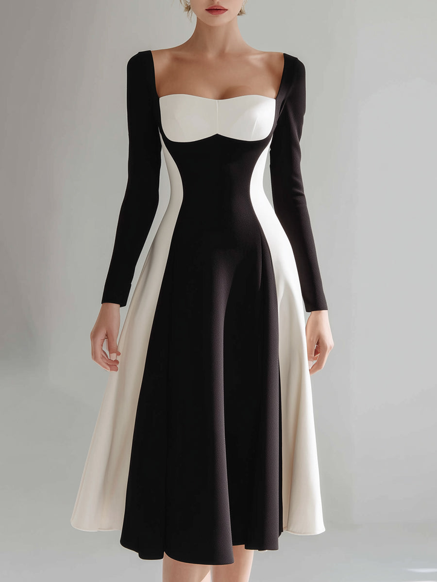 Black & Ivory Color-Block Sweetheart Neck Midi Dress