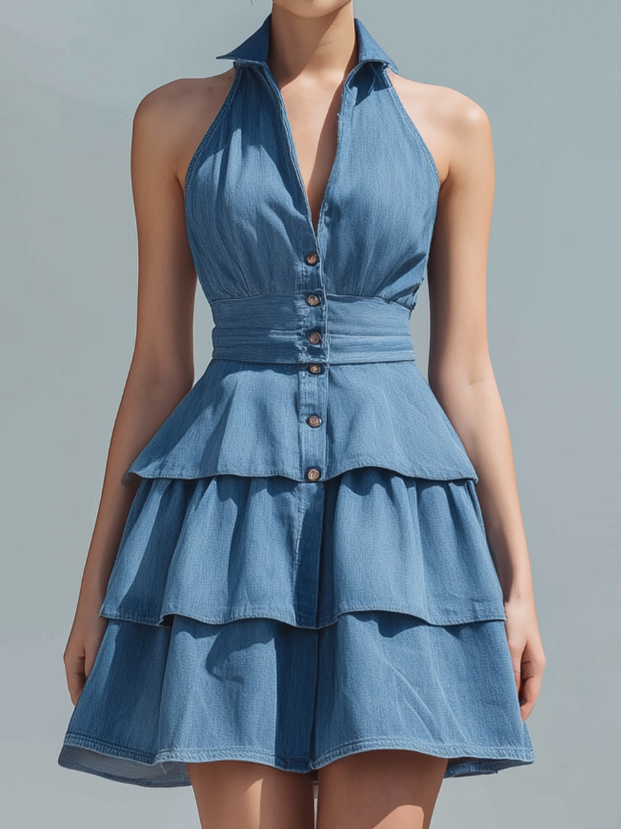 Halter Neck Tiered Ruffle Denim Mini Dress