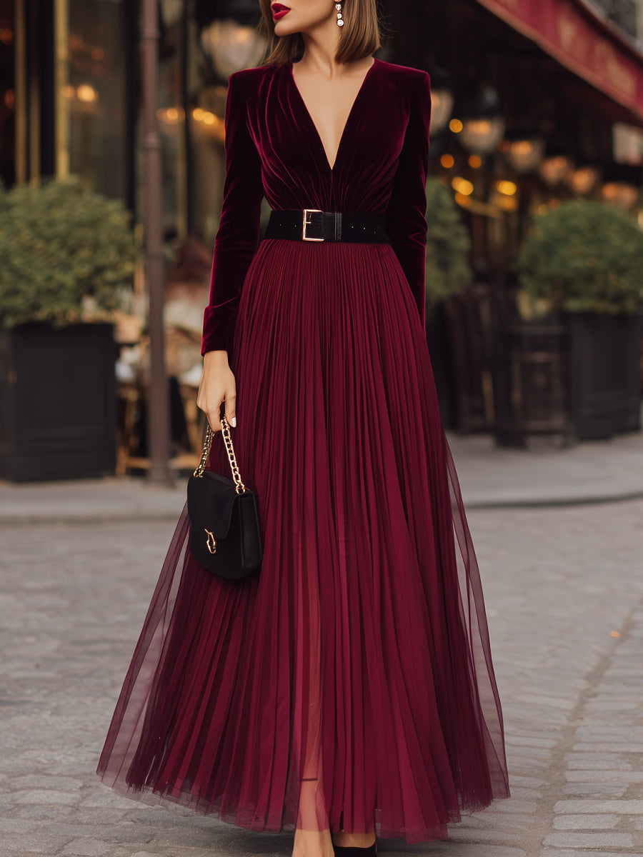 Velvet Deep V Pleated Mesh Maxi Dress With Belt