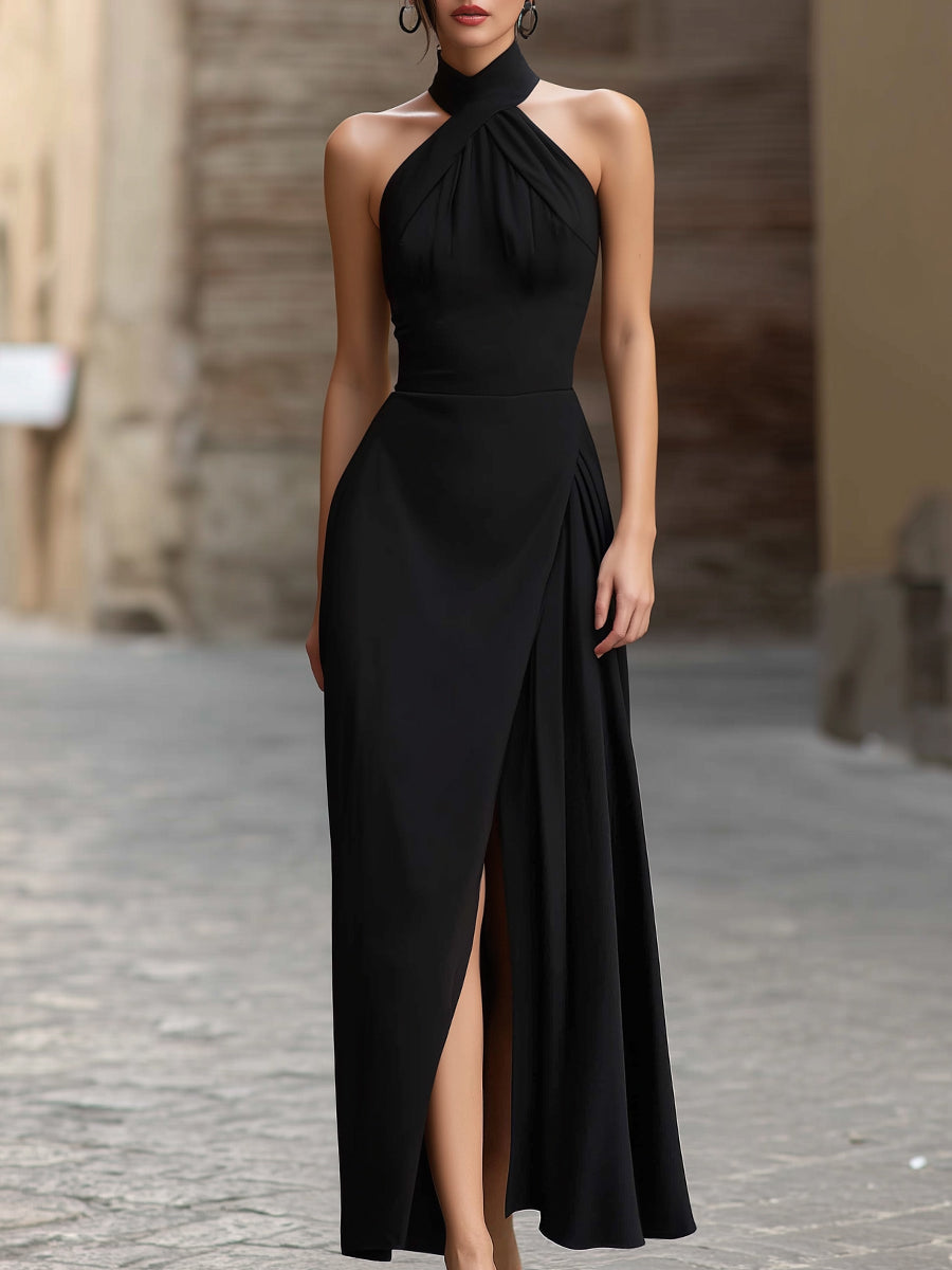 Cross-Halter Draped Front Slit Maxi Dress