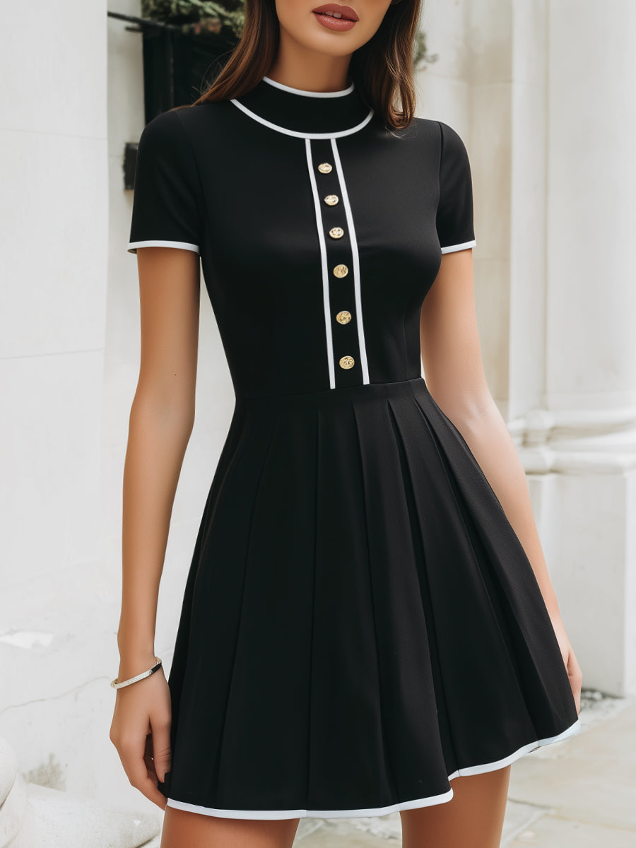 Contrast Trim Button-Front Fit & Flare Mini Dress