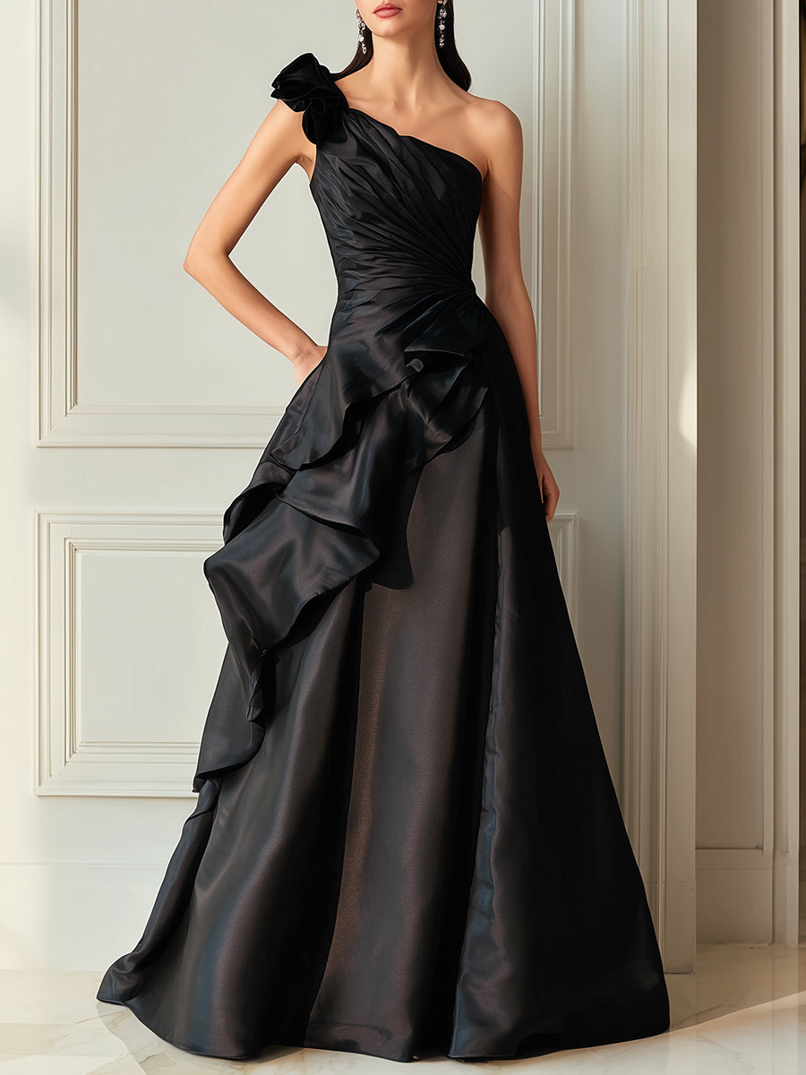 Black One-Shoulder Sculpted Ruffle Gown – Mooyius