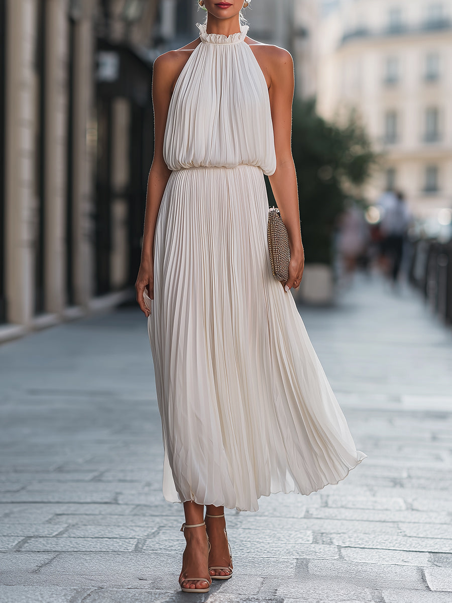Pleated Halter Neck Flowing Maxi Dress