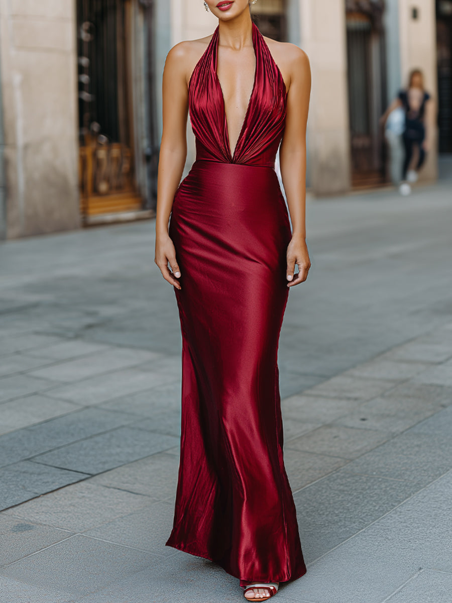 Elegant Halter-Neck Satin Gown With Open Back