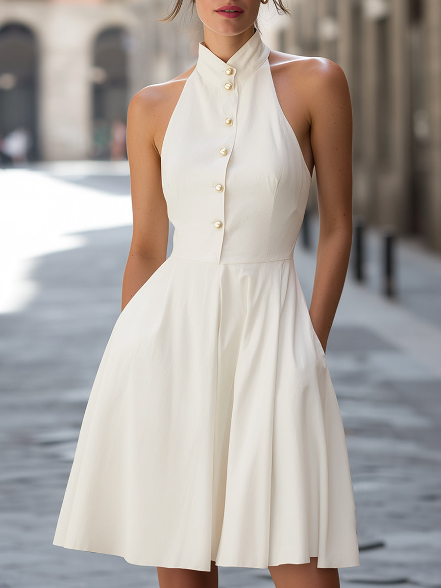 Halter Neck Button-Front A-Line Mini Dress