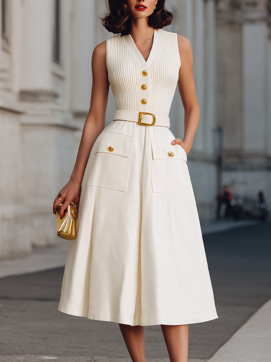 Sleeveless Buttoned V-Neck Belted Midi Dress