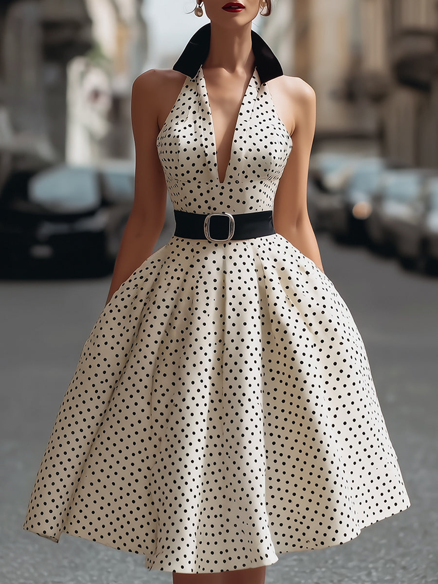 Vintage Polka Dot Halter A-Line Midi Dress With Contrast Collar