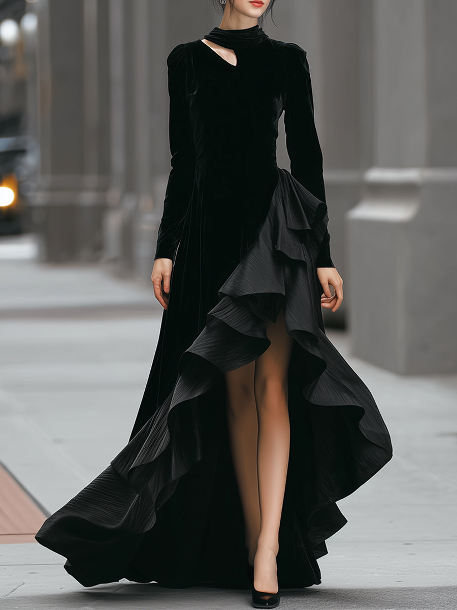 Elegant Velvet High-Low Dress With Ruffled Hem