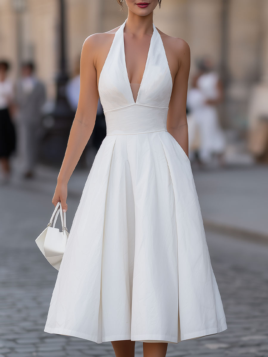 Timeless Ivory Halter-Neck Deep V Midi Dress