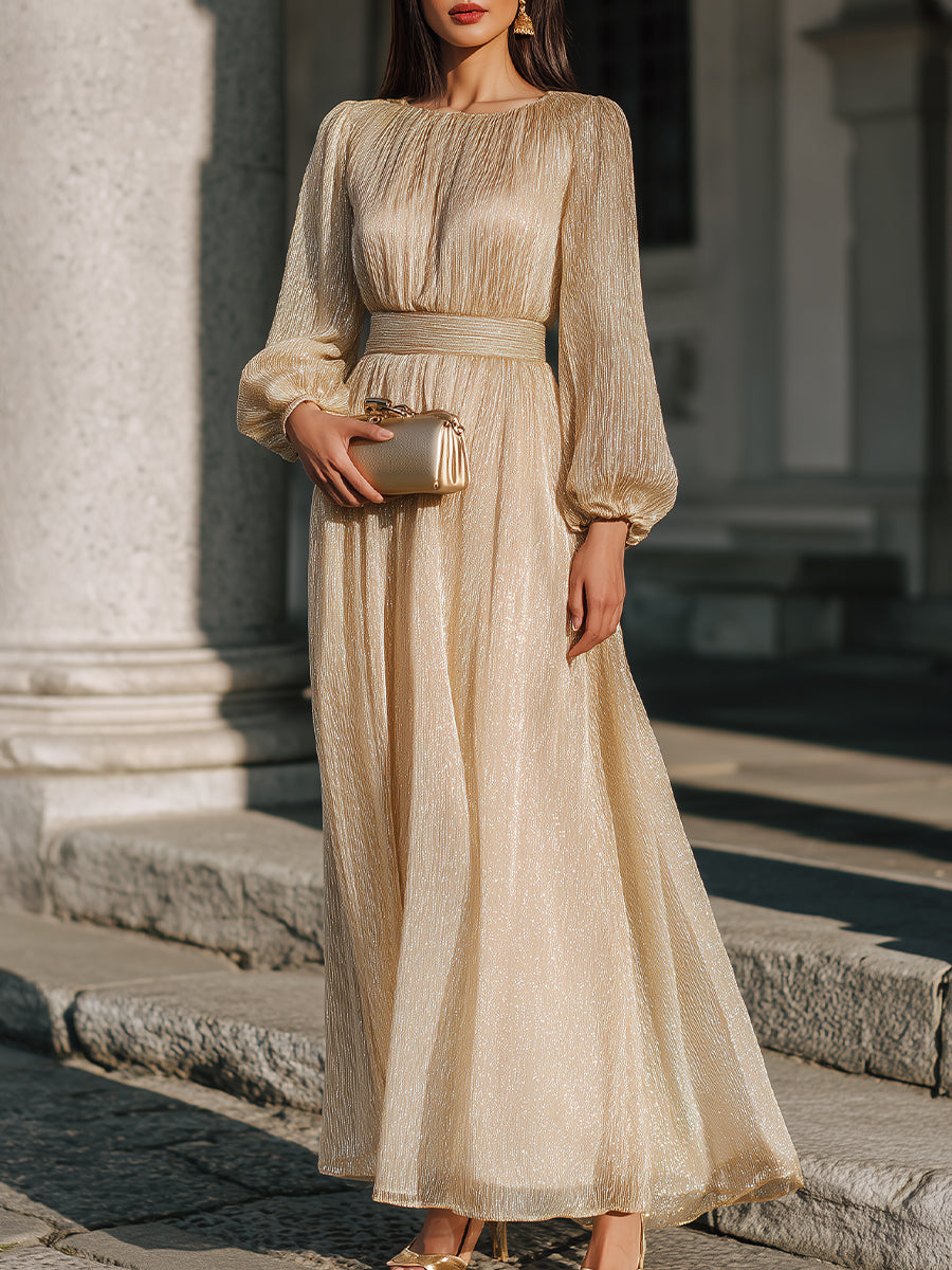 Elegant Long-Sleeve Pleated Waist Maxi Dress
