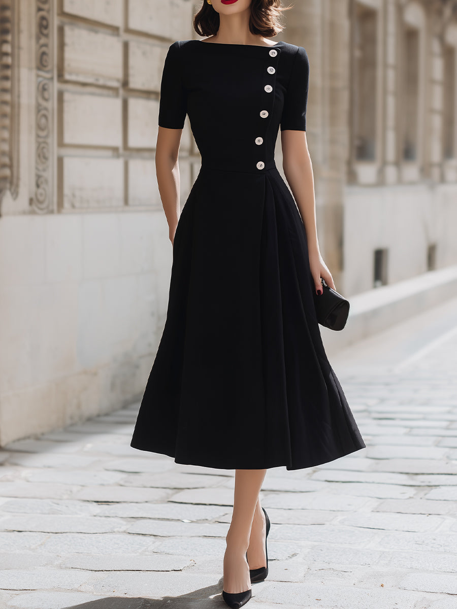 Black Boat Neck Short Sleeve Fit-and-Flare Midi Dress