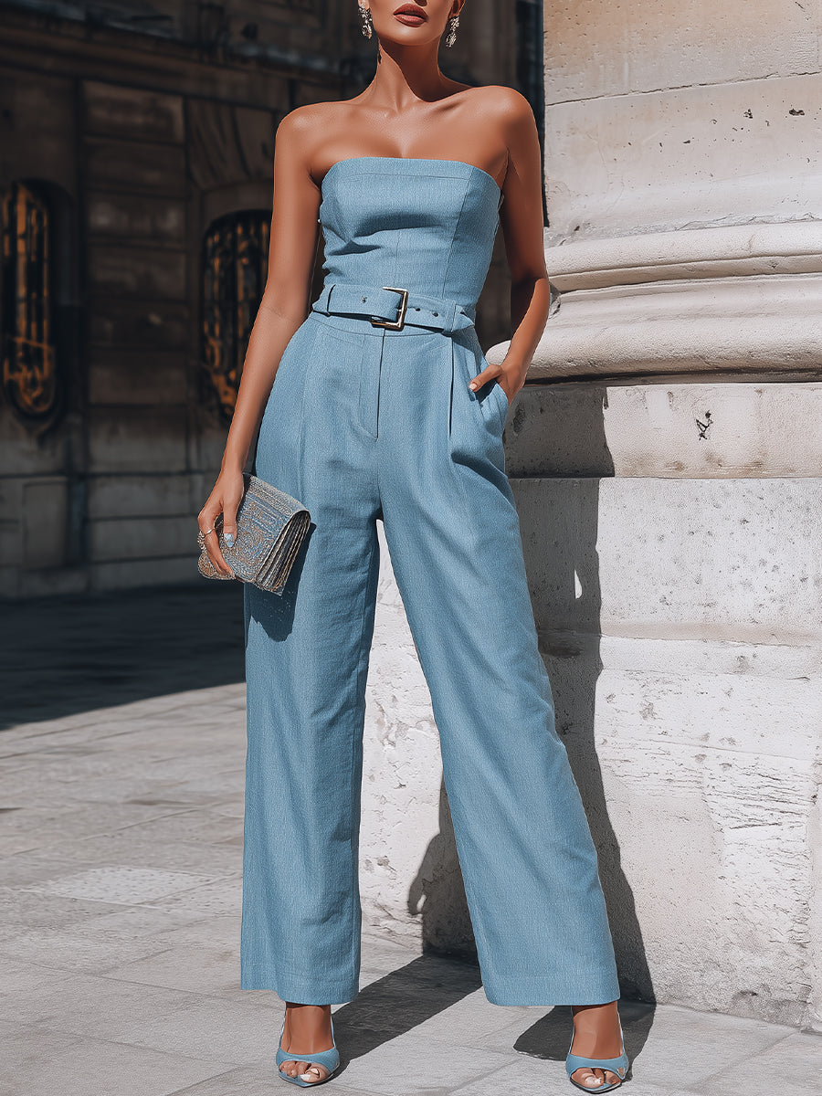 Strapless Belted Wide-Leg Jumpsuit