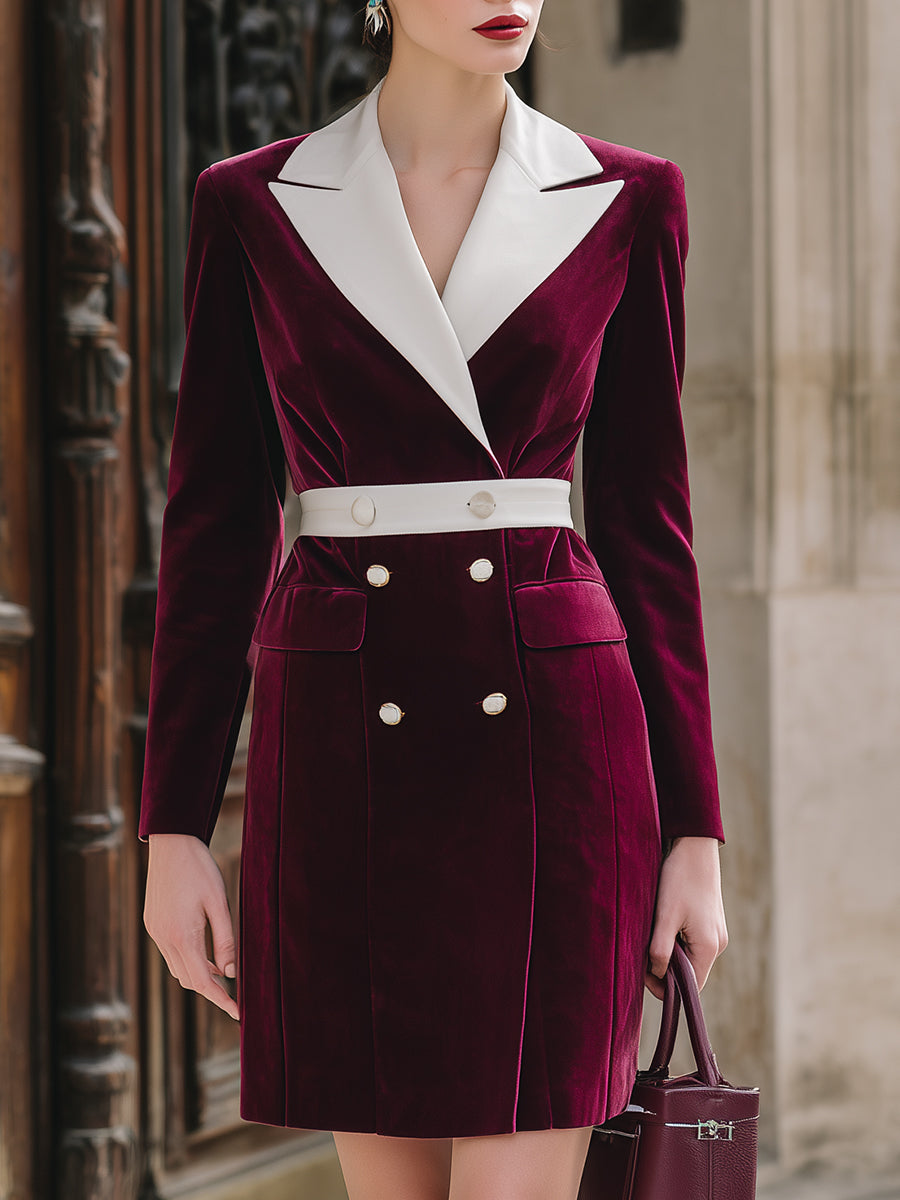 Burgundy Velvet Contrast-Lapel Double-Breasted Blazer Dress
