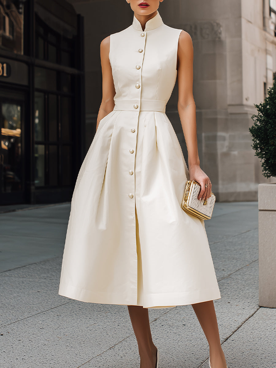 Sleeveless Mandarin Collar Button-Front Midi Dress